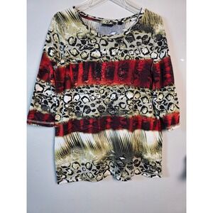 Onque Casual Womens PL Animal Snake Print Red Stripe‎ 3/4 Sleeve Top Blouse